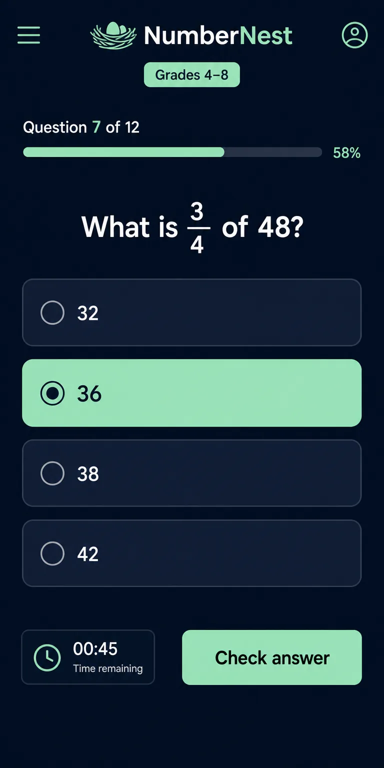 NumberNest — Numeracy · Grades 4-8 learning app screen by Owl Core